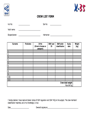 Yacht Crew List Template  Form