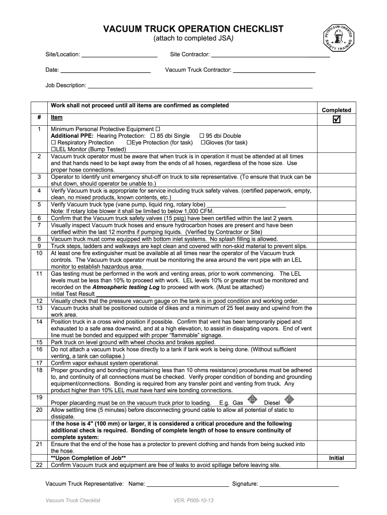 Vacuum Truck Inspection Checklist  Form