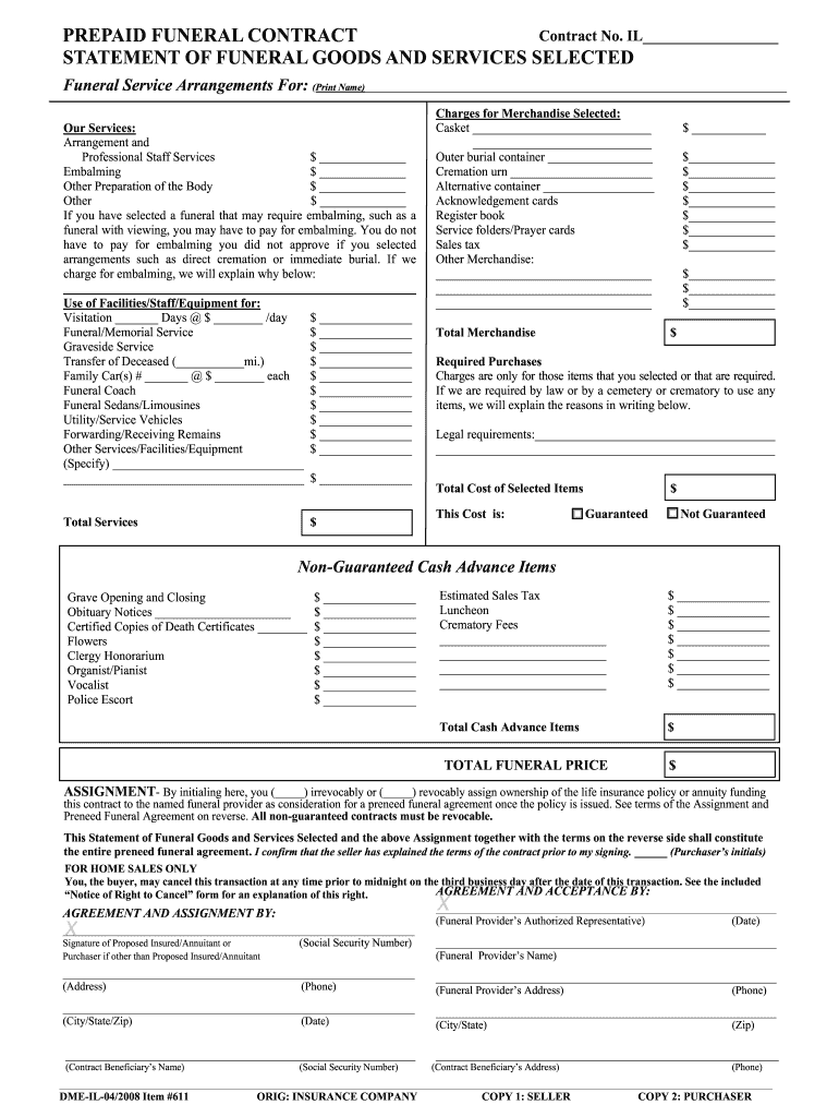PREPAID FUNERAL CONTRACT Contract No IL STATEMENT of  Form