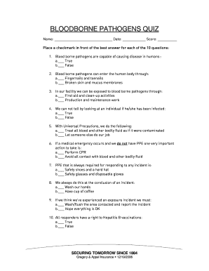 Bloodborne Pathogens Quiz Answers  Form