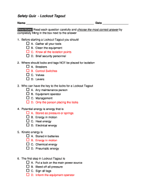 Lockout Tagout Safety Quiz Answers  Form