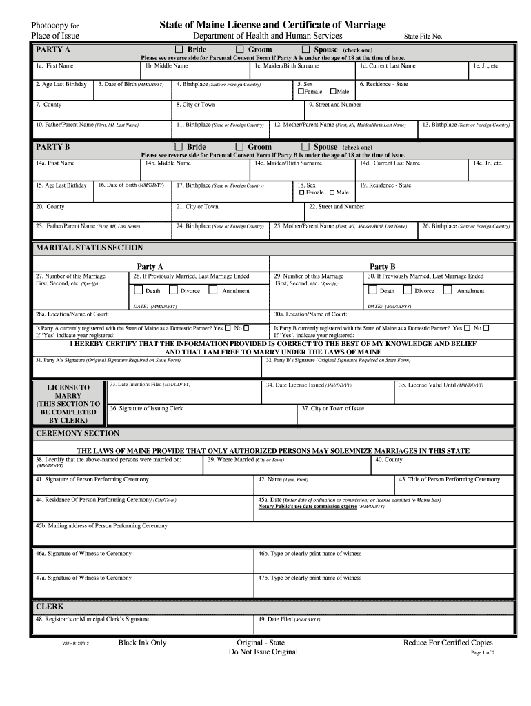 State of Maine License and Certificate of Marriage  Form
