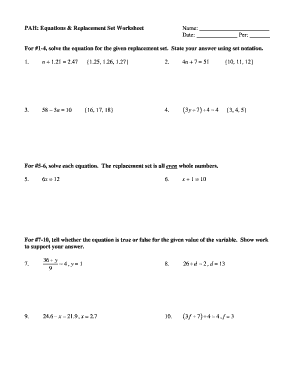 Equations Replacement Set Worksheet  Form