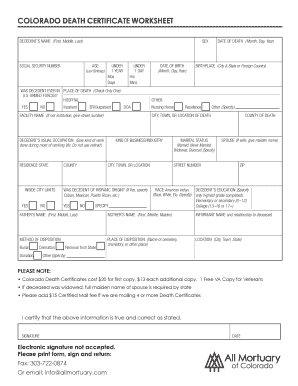 COLORADO DEATH CERTIFICATE WORKSHEET  Form