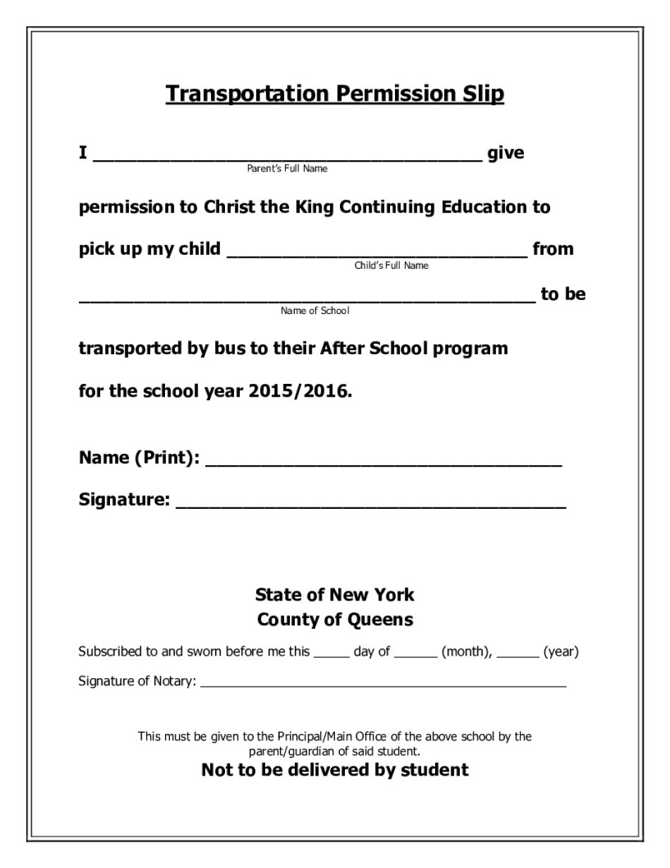 Transportation Permission Slip Christ the King Regional Ctkny  Form