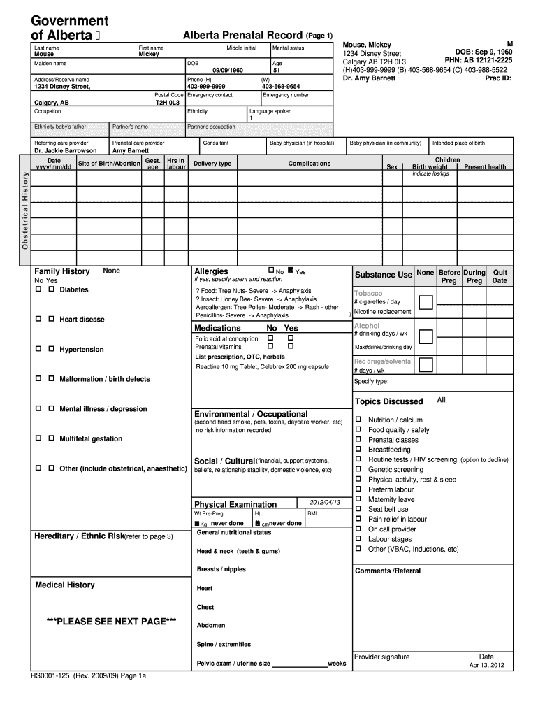 Alberta Prenatal Record  Form