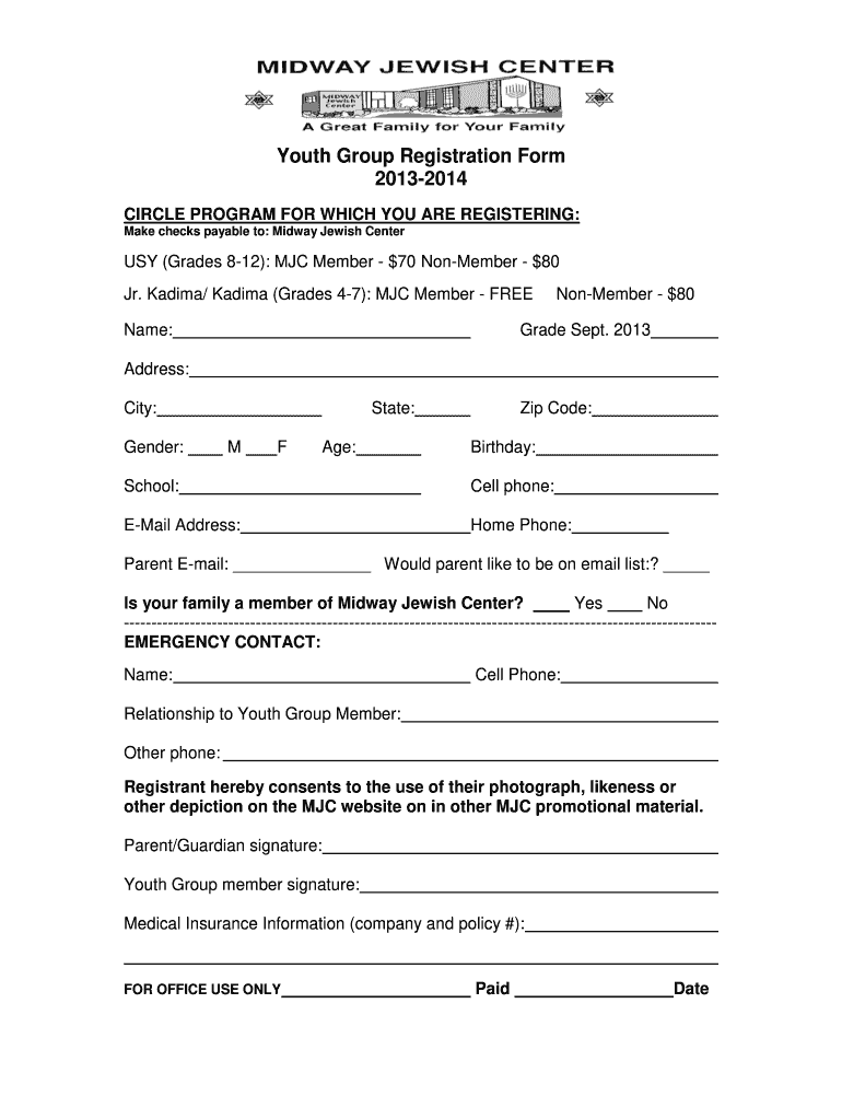 Youth Group Registration Form   Mjc