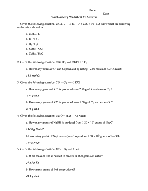 Stoichiometry Worksheet with Answers PDF  Form