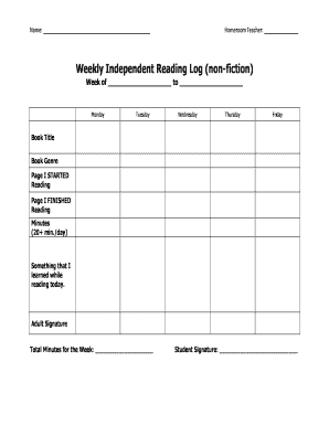 Weekly Independent Reading Log Non Fiction Edgewaterschools  Form