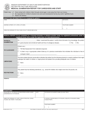 Medical Examination Report for Caregivers and Staff  Form