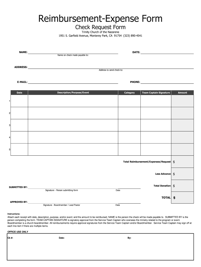 Reimbursement Expense Form Trinity Church