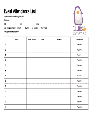 Event Attendance List  Form