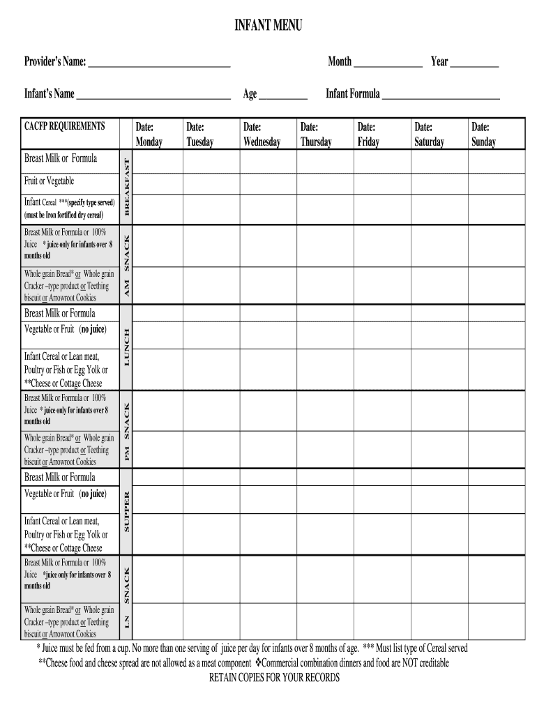 DAY CARE HOME MENU Healthy Infant Meal Pattern Revised 1doc Delawareopportunities  Form