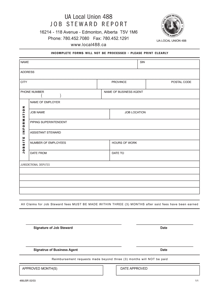 UA Local Union 488 JOB STEWARD REPORT  Form