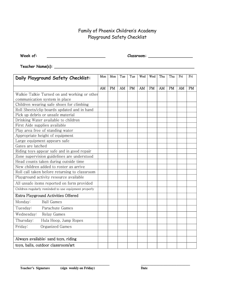 Family of Phoenix Childrens Academy Playground Safety  Form