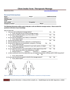 Client Intake Form Therapeutic Massage Natural Care Clinic Www
