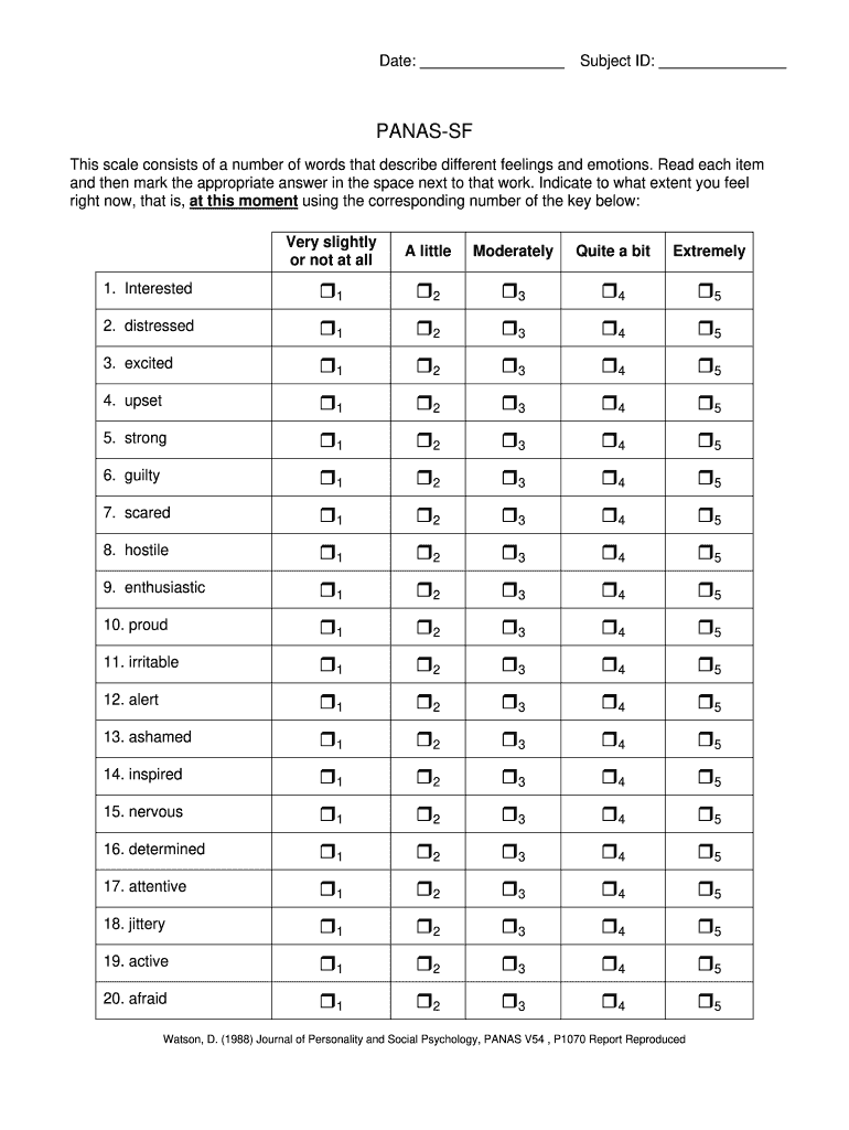 Panas Scale Questionnaire PDF  Form