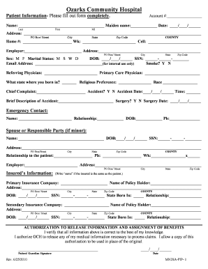 Ozarks Community Hospital Patient Information Please Fill Out Form Completely