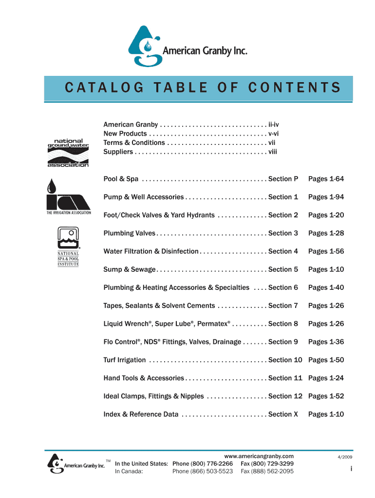  CATALOG TABLE of CONTENTS American Granby Inc 2009