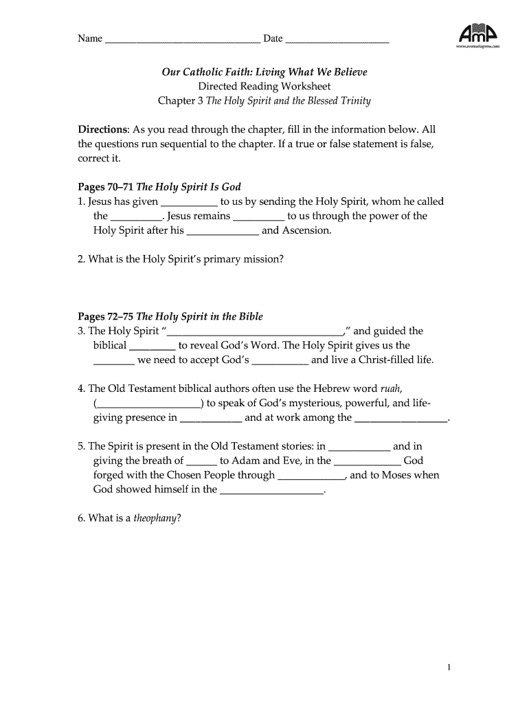 Our Catholic Faith Living What We Believe Directed Reading Worksheet Answers  Form