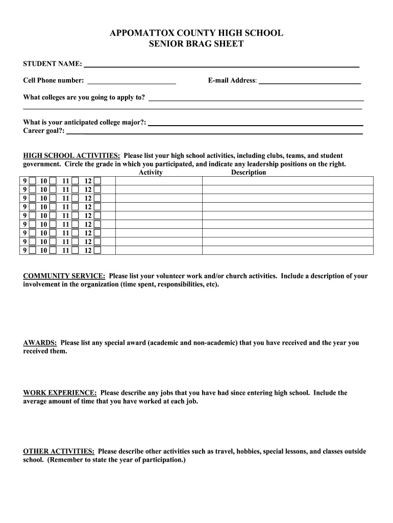 Brag Sheet Template  Form