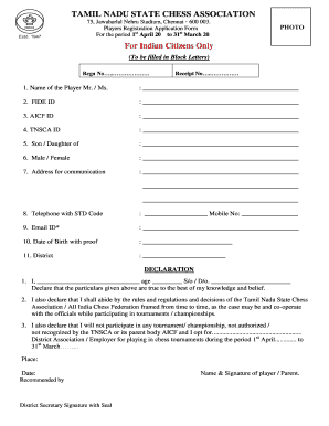 Tamil Nadu Chess Association Registration  Form