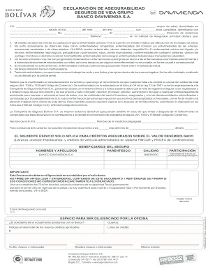 Declaraci N De Asegurabilidad Davivienda  Form