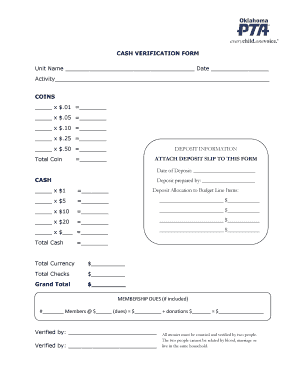 CASH VERIFICATION FORM Oklahoma PTA