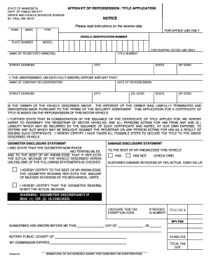  STATE of MINNESOTA AFFIDAVIT of REPOSSESSION TITLE 2008