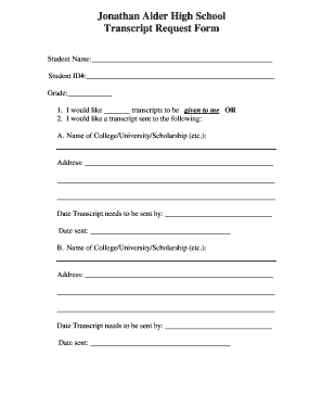 Jonathan Alder High School Transcript Request Form