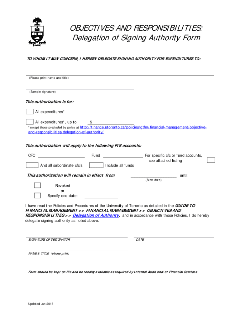  Delegation of Signing Authority Form Template 2016-2024