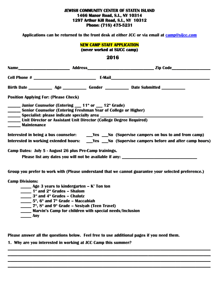 New Staff Application  Staten Island JCC Summer Camp  Camp Sijcc  Form