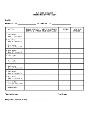 Badminton Score Sheet PDF Download  Form