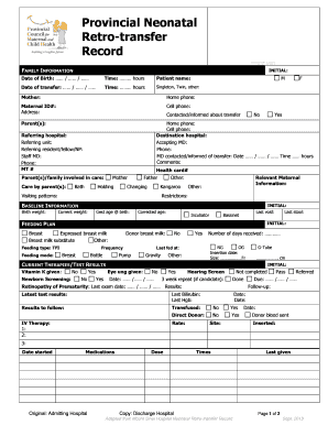 Provincial Neonatal Retro Transfer Record BPCMCHb Pcmch on  Form