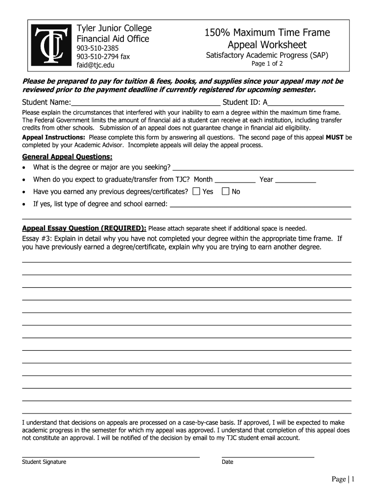 Tyler Junior College 150 Maximum Time Frame Financial Aid  Form