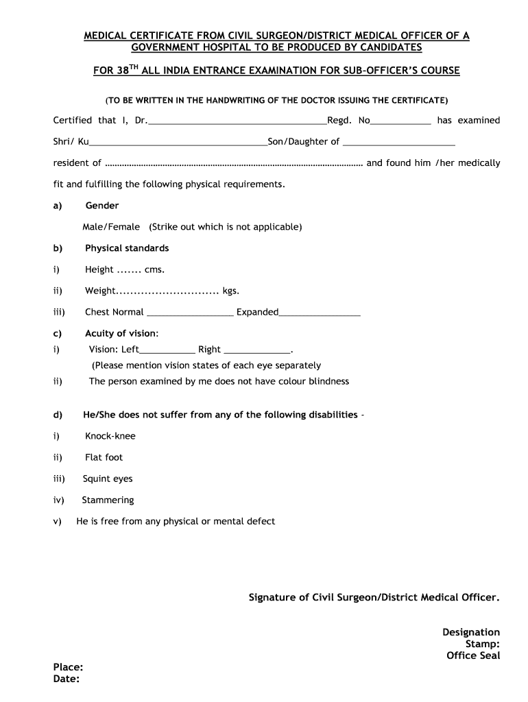 Medical Certificate by Civil Surgeon  Form