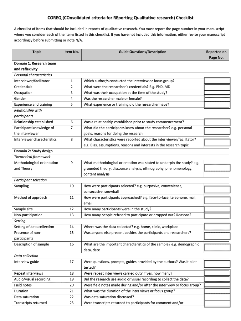 COREQ COnsolidated Criteria for REporting Qualitative  Form