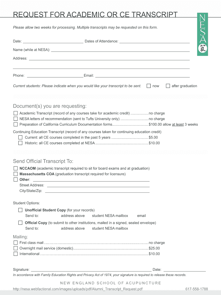 New England School of Acupuncture Transcript Request  Form