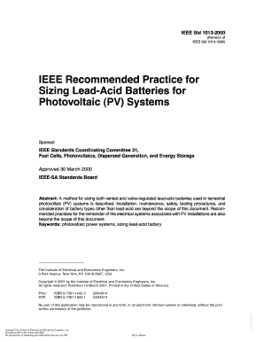 IEEE Std 1013 Revision of IEEE Std 1013 IEEE Recommended Practice ForSizing Lead Acid Batteries ForPhotovoltaic PVSystems a   Form