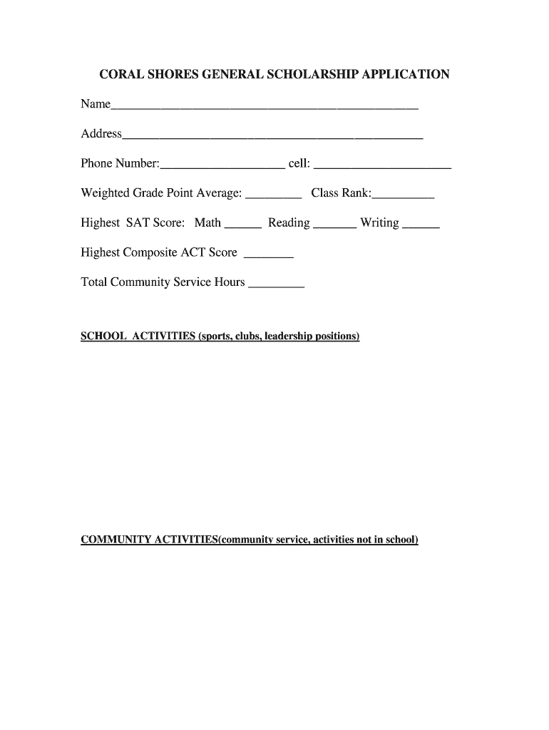 CORAL SHORES GENERAL SCHOLARSHIP APPLICATION  Csh Keysschools Schoolfusion  Form