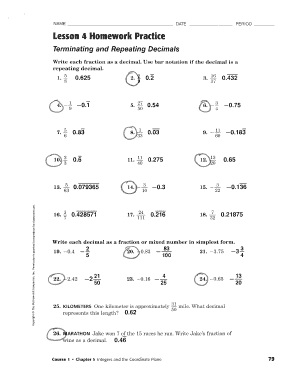 Lesson 1 Skills Practice Decimals and Fractions Answer Key  Form