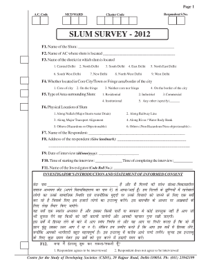 Questionnaire for Slum Survey  Form