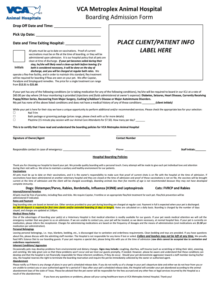 VCA Metroplex Boarding Admission Form Vcahospitalscom