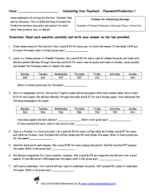 Calculating Your Paycheck Piecework Production 1 Answer Key  Form