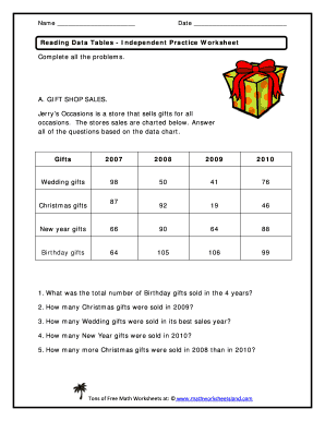 Reading Data Tables Worksheets PDF  Form