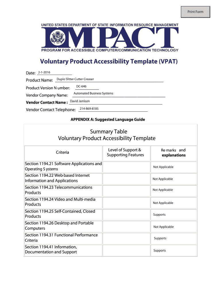 Government Product Accessibility Template  Form