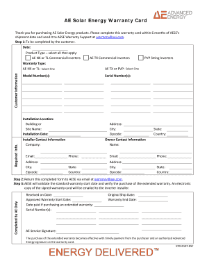 AE Solar Energy Warranty Card  Form