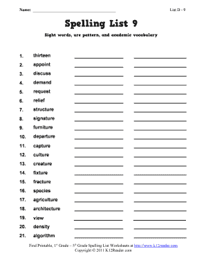 4th Grade Spelling Worksheets  Form