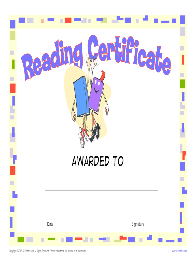Printable Reading Award Certificate K12reader Com Printable Reading Award Certificates for Home and Classroom Use K12reader Offe  Form