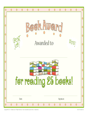 Printable Reading Award Certificate 25 Book Award 25 Book Award Printable Reading Award Certificates for Home and Classroom Use   Form